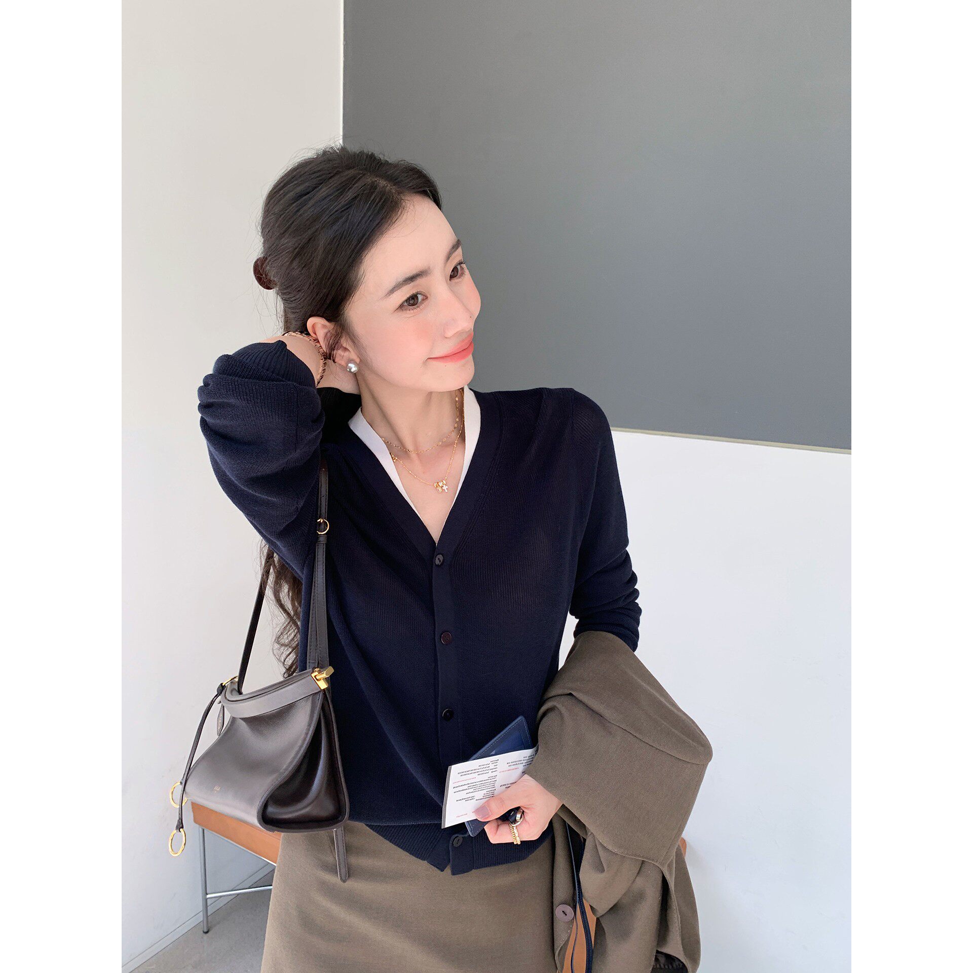 DORACTR 本期Bi入！醋酸/棉 假两件针织开衫女士秋季V领内搭上衣