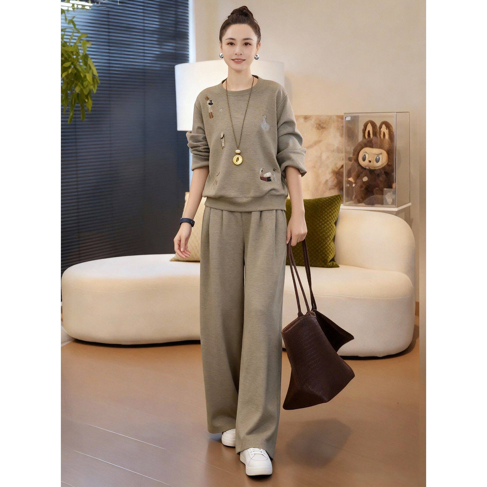 加绒运动休闲套装女2025冬季新款休闲绿色卫衣高腰阔腿卫裤两件套