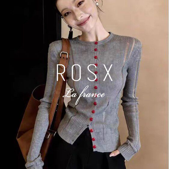 ROSX法式复古做旧镂空圆领长袖针织衫女秋新款高级感修身正肩上衣