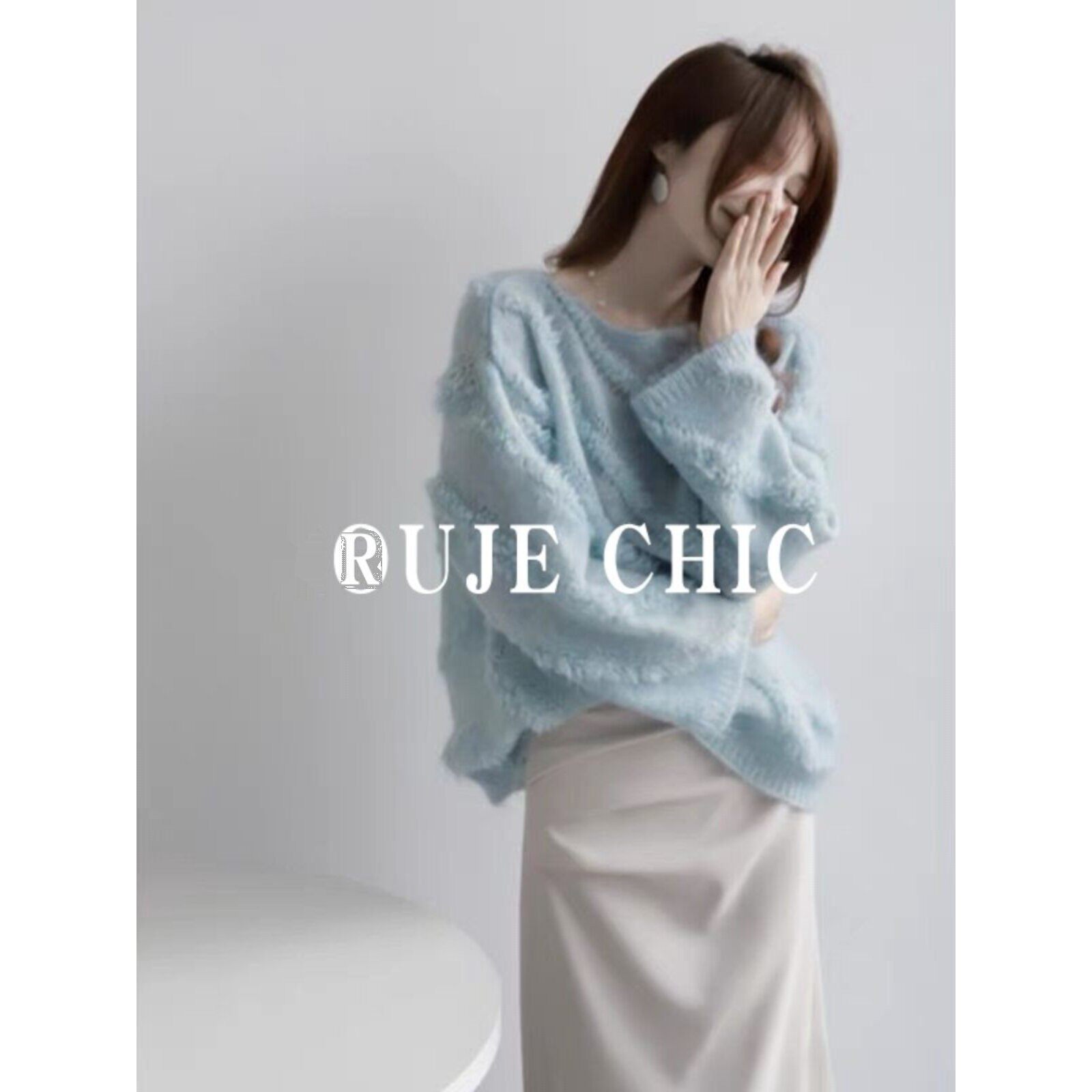 法国rouje chic覆古马海毛一字领毛衣女秋冬季套头宽松小众针织衫