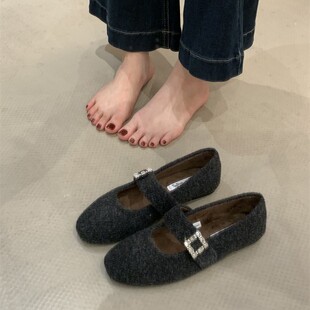 香港一脚蹬毛毛鞋女冬季外穿鞋子女鞋玛丽珍鞋加绒豆豆鞋平底单鞋