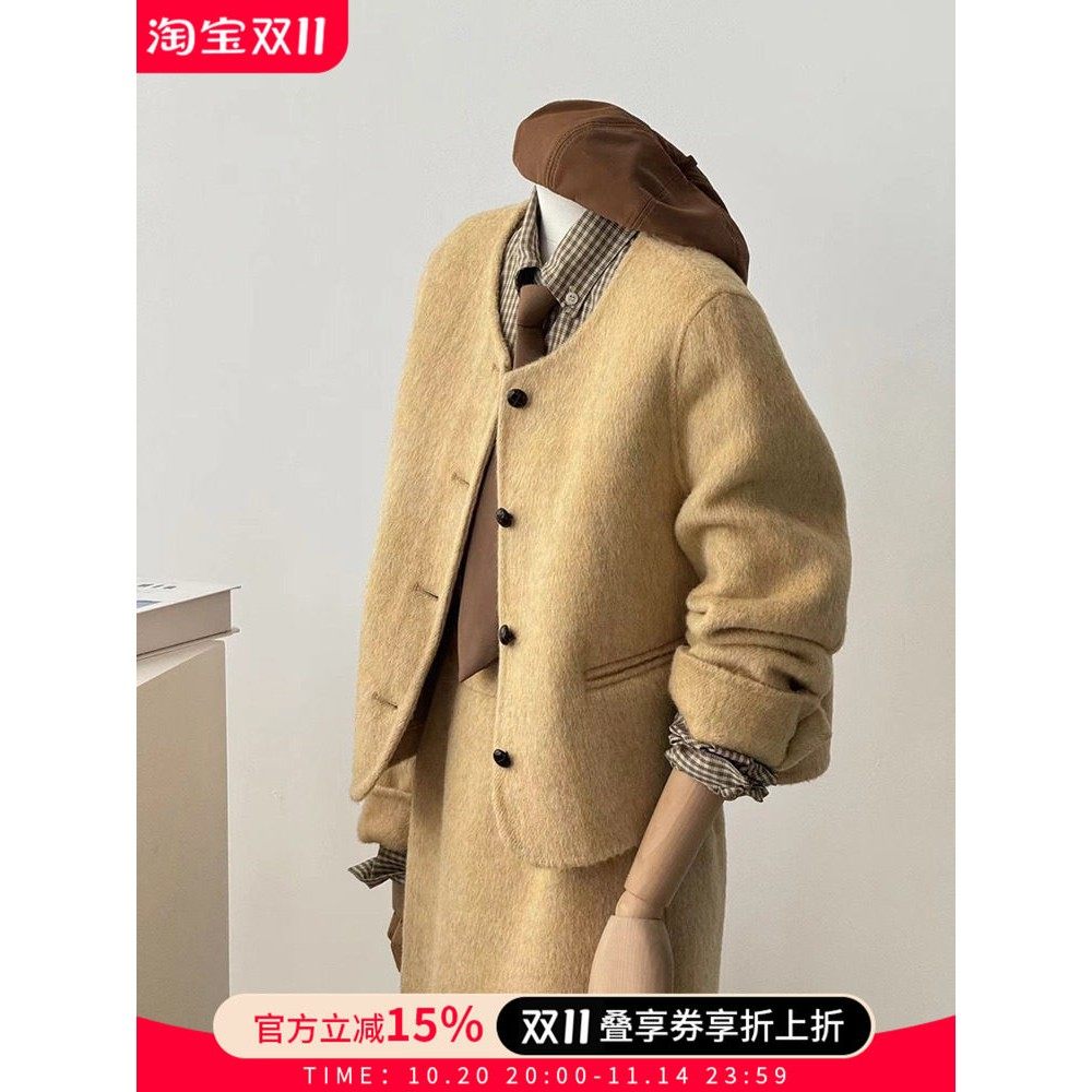 爆款秋冬双面羊绒大衣套装女时尚气质小香风羊毛大衣两件套装裙女