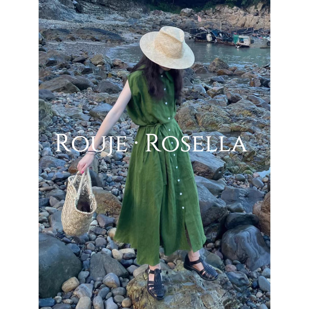 法国Rouje Rosella⭐法式绿色衬衫无袖洋装女夏简约收腰系带裙