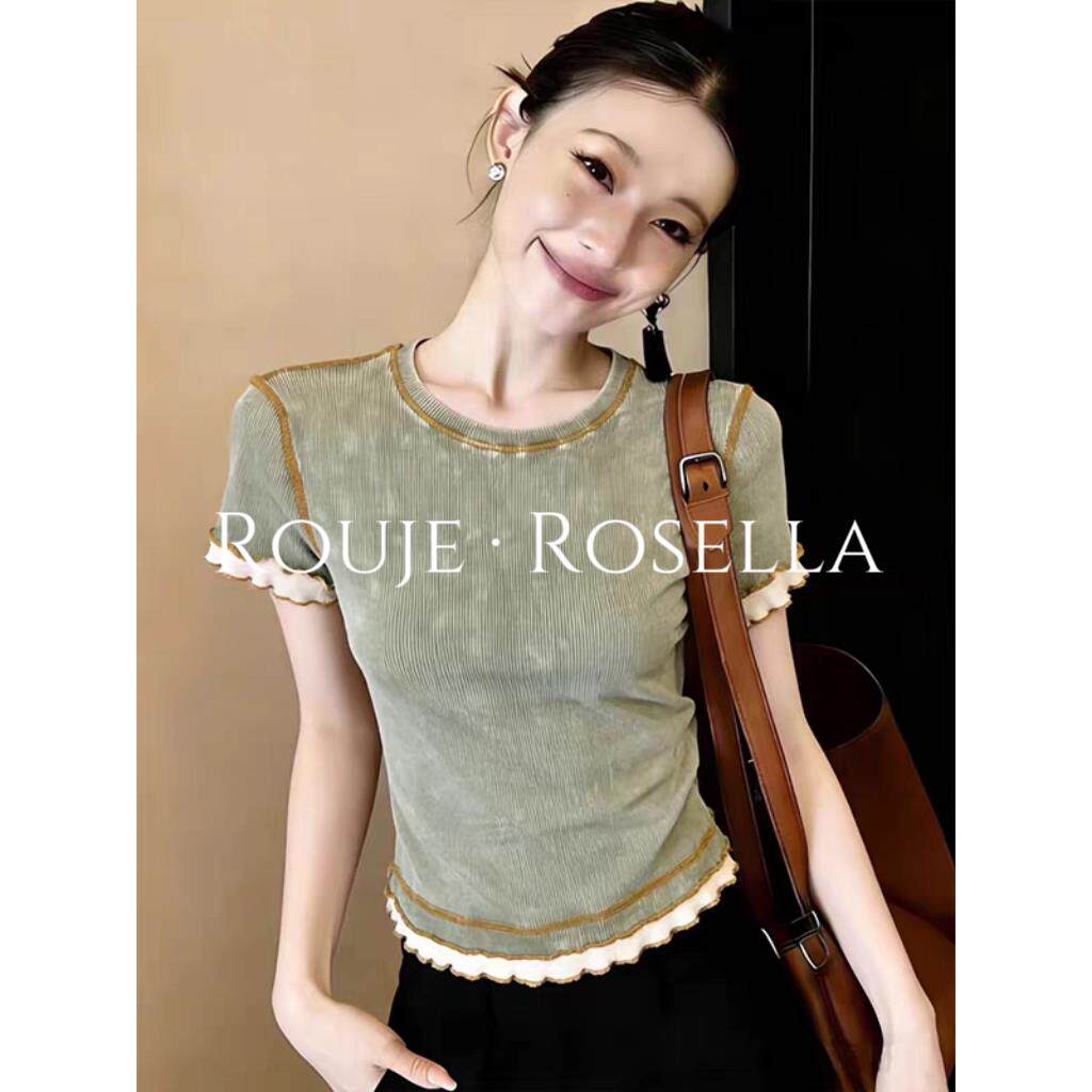 法国Rouje Rosella绝美别致复古做旧短袖T恤女夏木耳边修身上衣