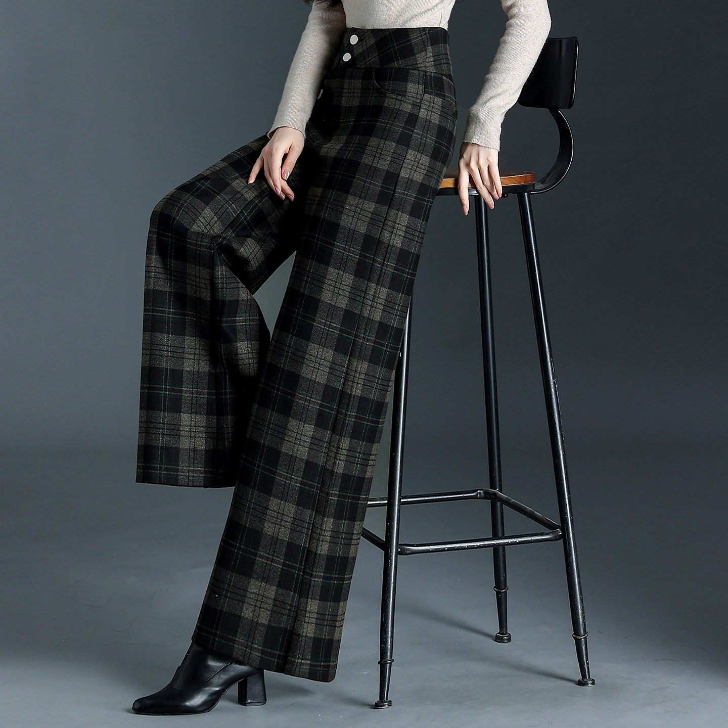 加厚羊毛呢格子阔腿裤女秋冬季高腰宽松显瘦垂感裤子中年直筒裤子,女装/女士精品,休闲裤,淘宝优惠券,粉丝福利购,淘宝优惠卷