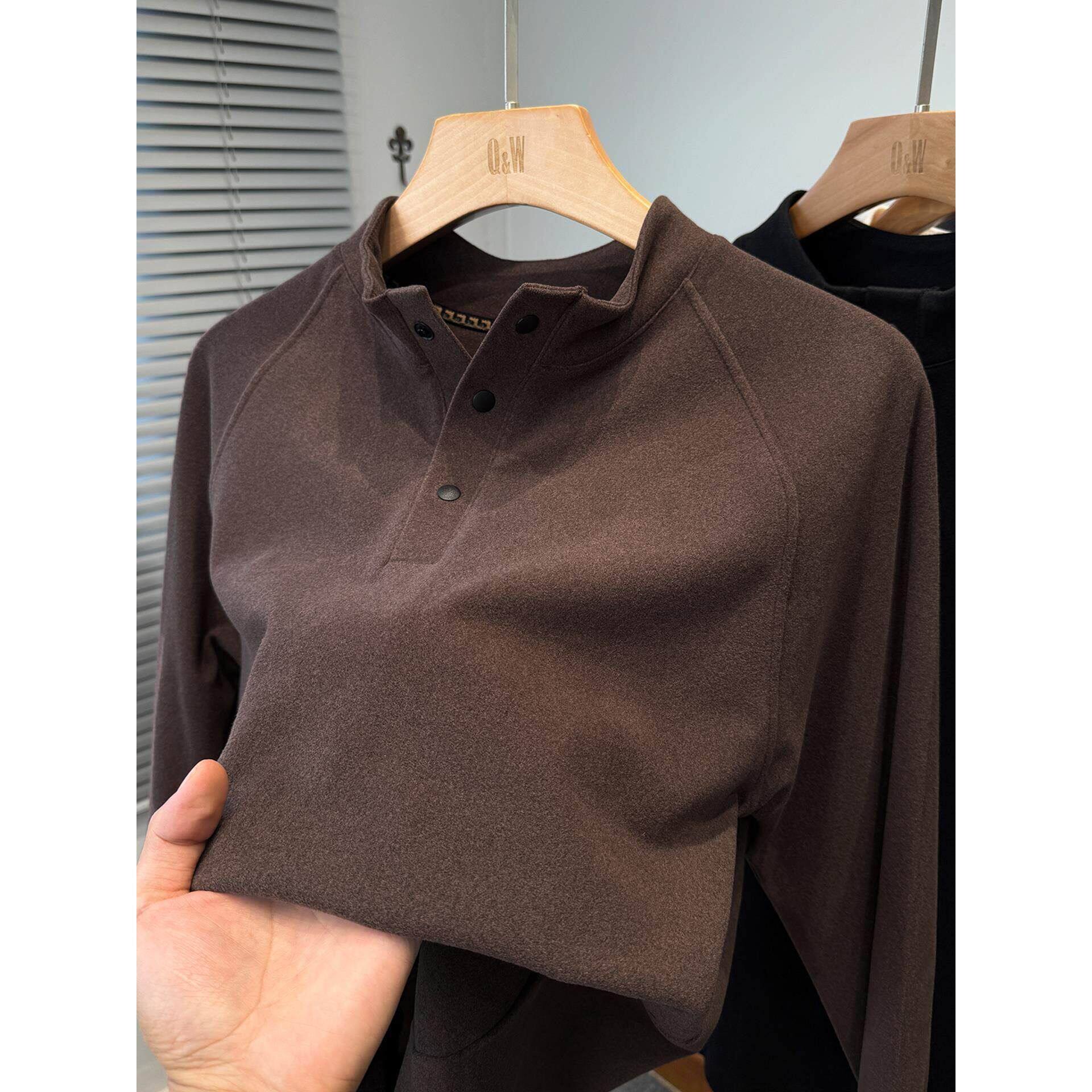 MAROLIO~半高领磨毛德绒打底衫男士秋冬新款门筒暗扣内搭长袖上衣