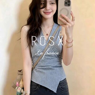 ROSX法式气质撞色格子V领无袖衬衫女夏季不规则交叉收腰修身衬衣