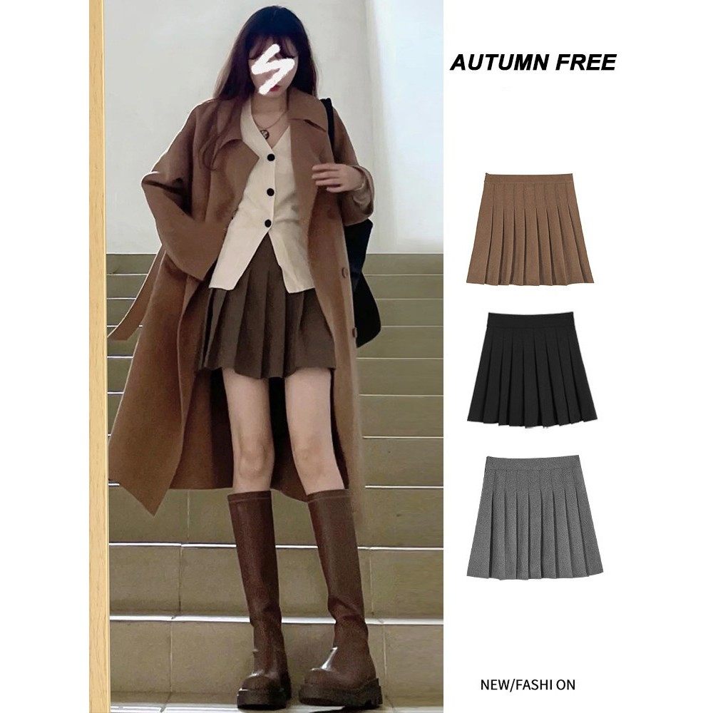 2025年新款季薄款西装半身百褶裙女高腰咖色夏毛呢气质a字短裙子