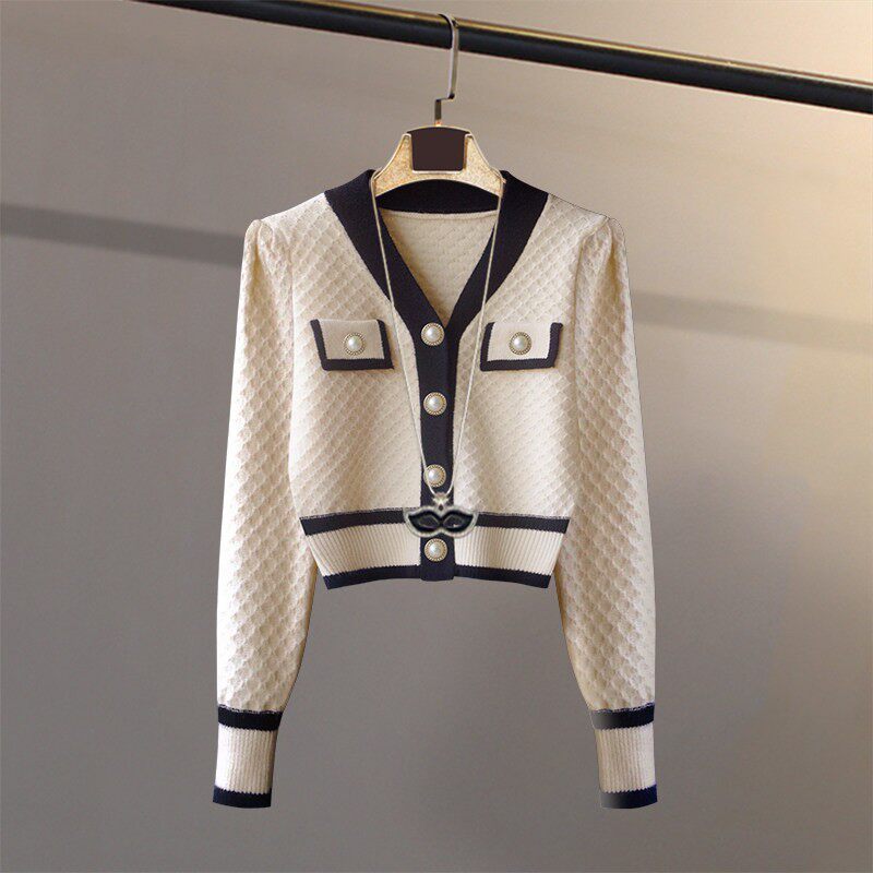 潮牌复古小香风拼色针织衫开衫女2025秋冬季毛衣外套短款高腰上衣