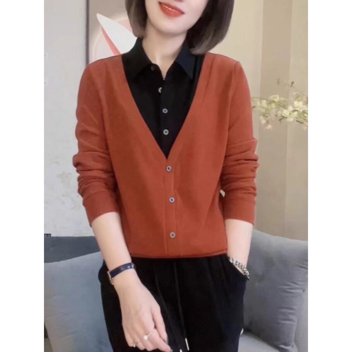 秋季款翻领假两件套头卫衣韩版显瘦气质女士Polo领长袖上衣打底衫