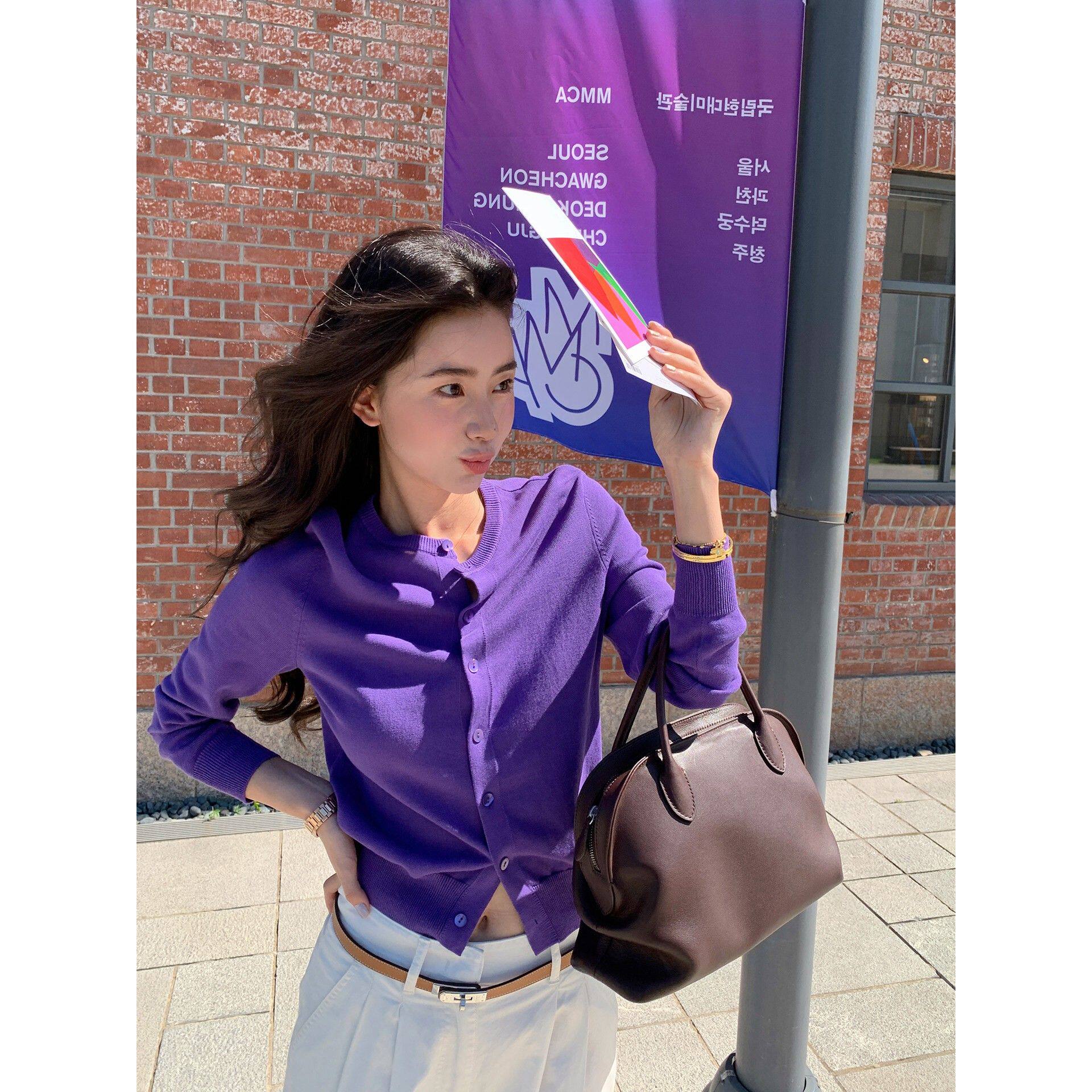 紫色Doractr From！设计师套装女士早秋针织开衫+背心+披肩三件套