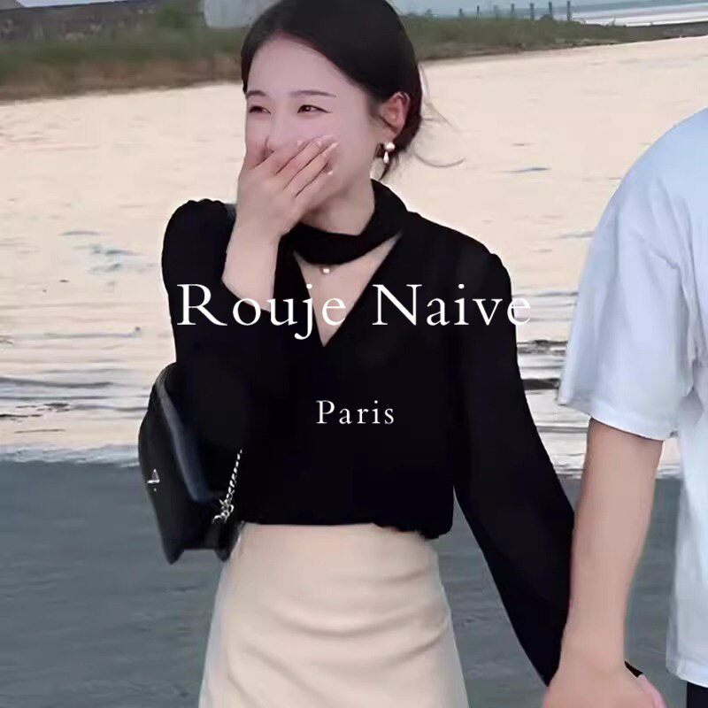 Rouje Naive法式黑色v领衬衫春秋小个子职业衬衣挂脖飘带雪纺上衣