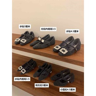 香港灰色水钻粗跟玛丽珍鞋女冬外穿新款方头呢子单鞋加绒保暖棉鞋