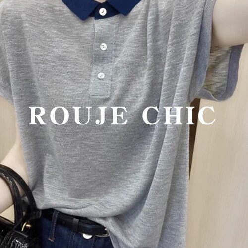 法国rouje chic条纹拼色POLO领短袖T恤女夏季翻领薄款冰丝针织衫