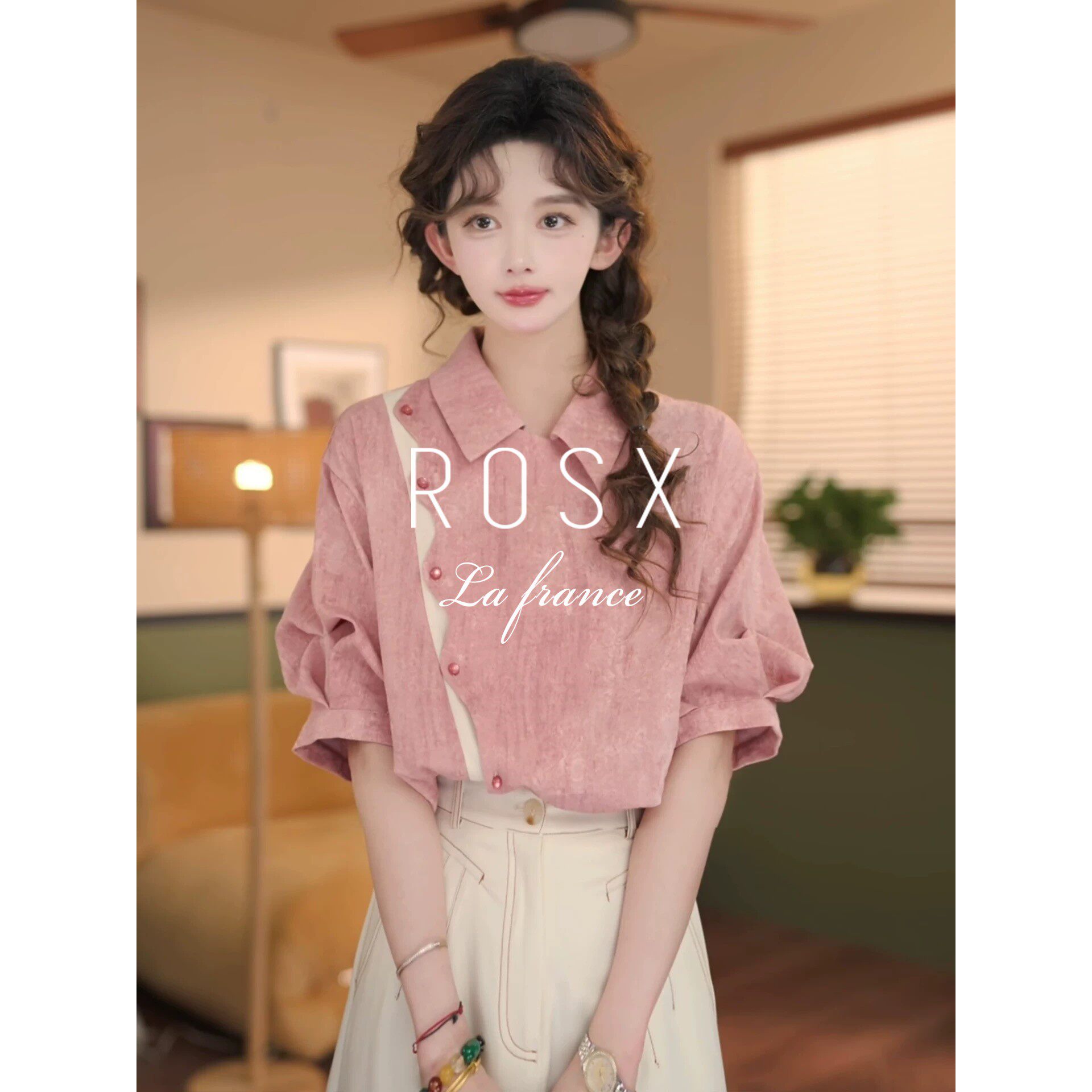 ROSX法式温柔撞色翻领粉色提花衬衫女夏季新款气质设计感宽松上衣