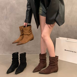 香港内增高棕色绒面堆堆靴短靴女鞋2025夏季覆古瘦瘦靴小踝靴子