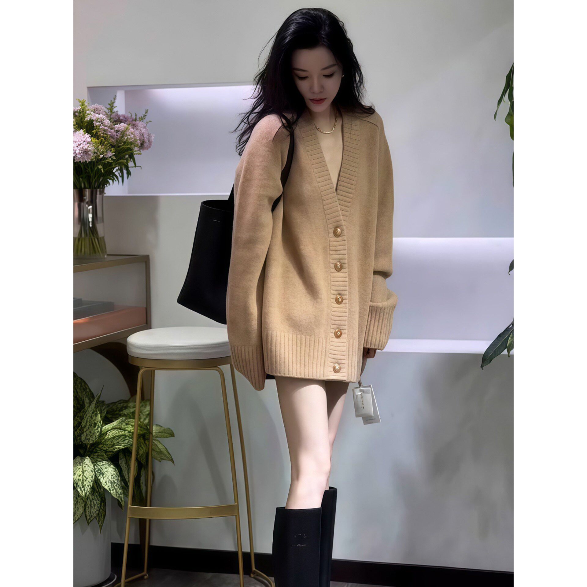 Rixo Kelly卡其色V领针织开衫毛衣外套女秋季新款宽松中长款上衣