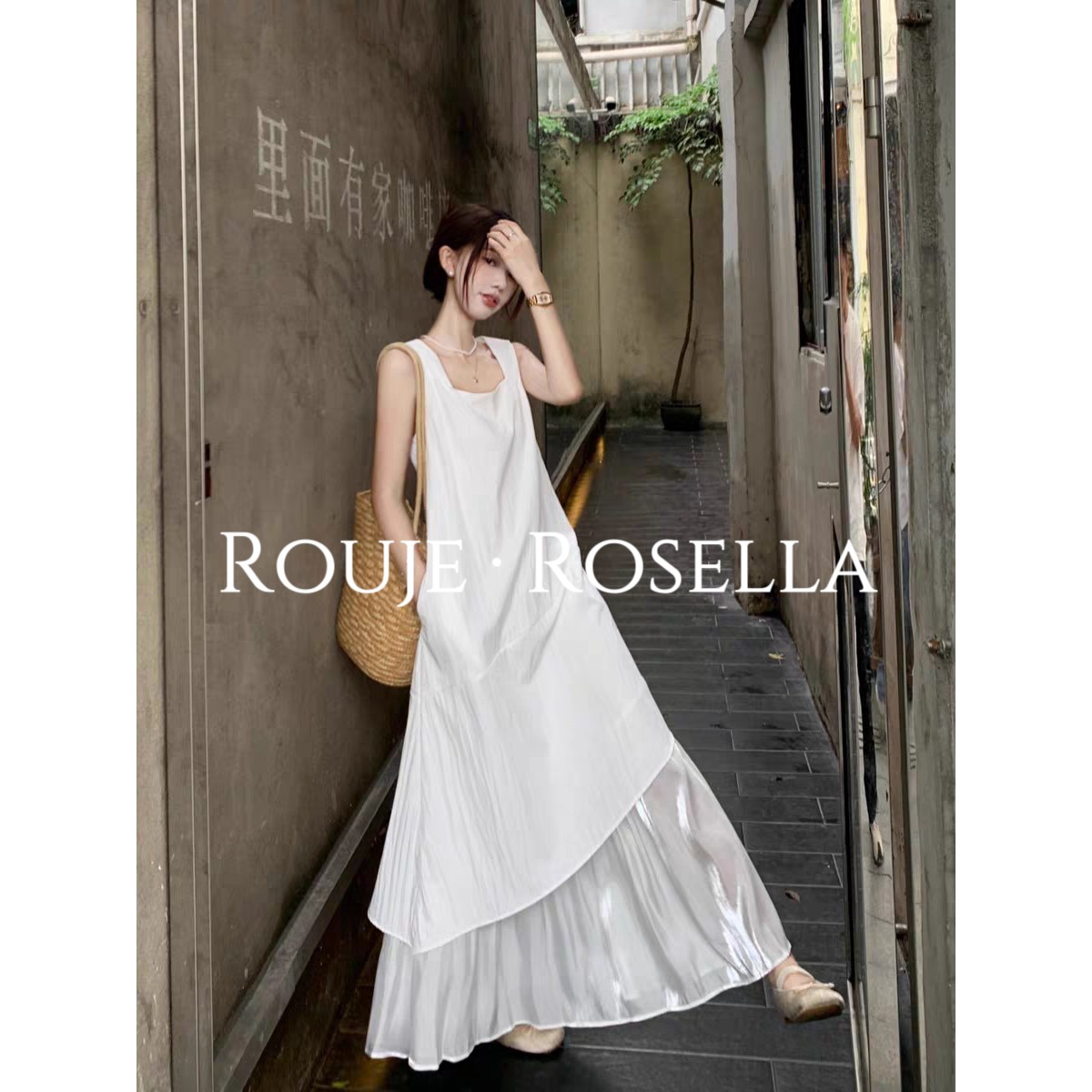 法国Rouje Rosella气质满满?方领背心连衣裙女不规则拼接长裙