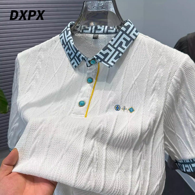 DXPX品牌专柜提花复古宝石四合扣针织polo衫男短袖夏季翻领t恤衫