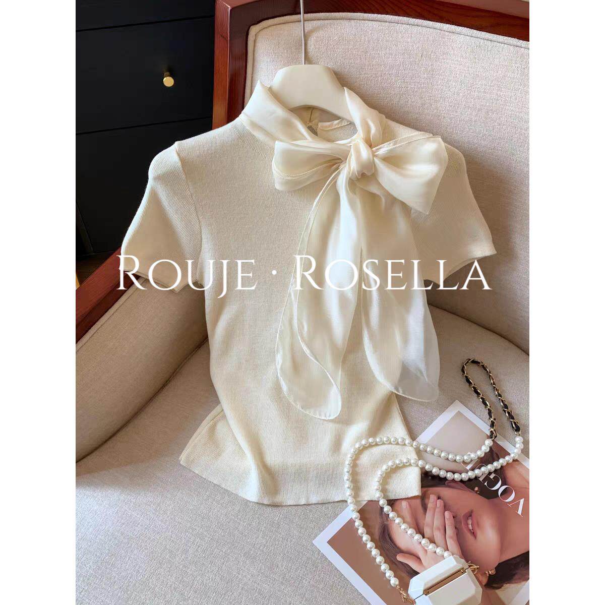 法国Rouje Rosella别致减龄⭐蝴蝶结飘带短袖T恤女夏针织衫上衣