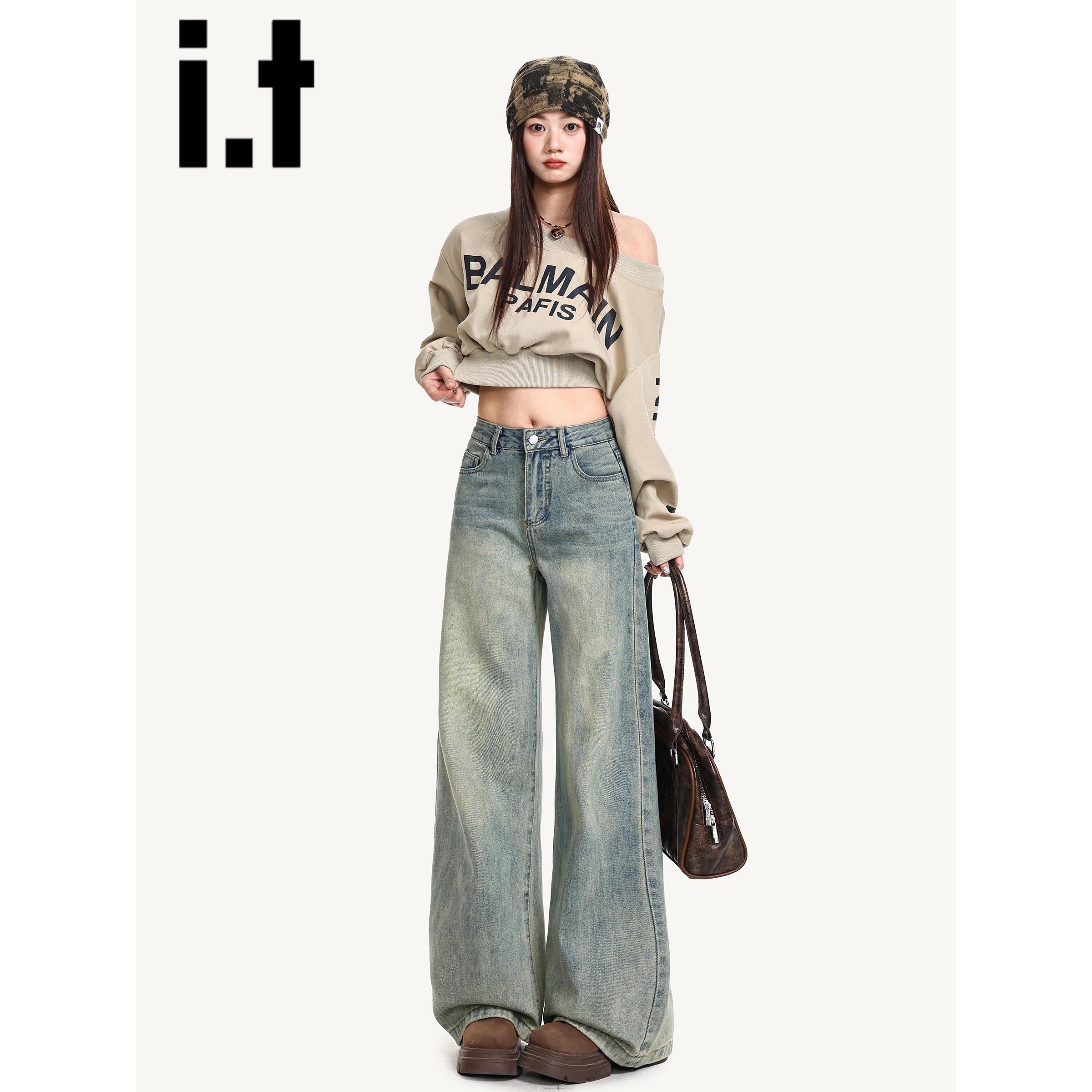 it:CHOCOOLATE覆古蓝直筒牛仔裤女2026新款秋季做旧宽松阔腿裤子