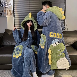 韩国GIOIO情侣睡衣女款秋冬季加绒加厚男士睡袍珊瑚绒浴袍家居服