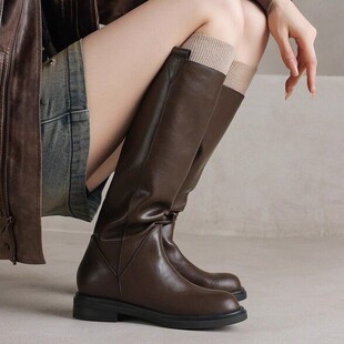 意大利Corso Venezia~真皮圆头高筒骑士靴女靴美拉德低粗跟长筒靴
