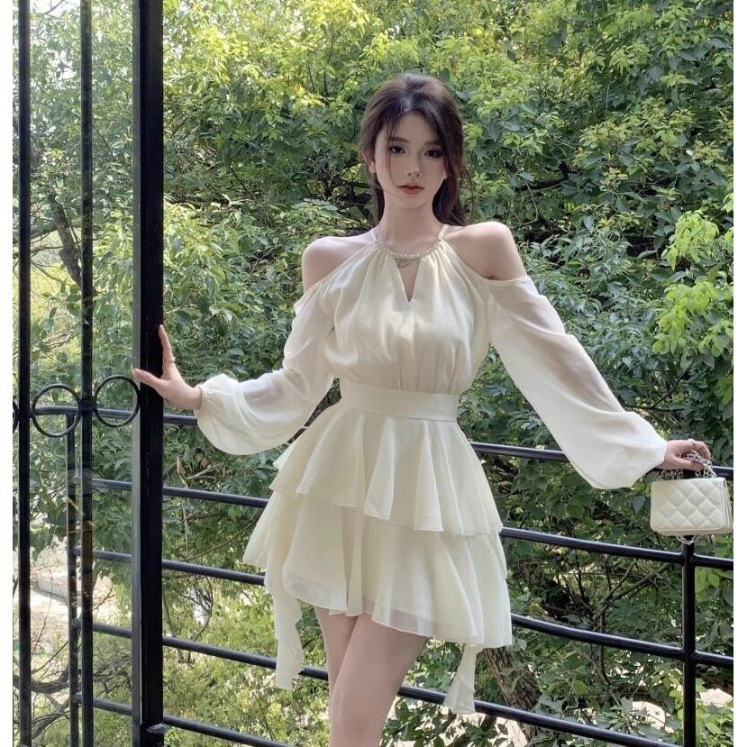 日系早秋法式白色长袖洋装仙女夏季仙气收腰甜美雪纺荷叶边短裙