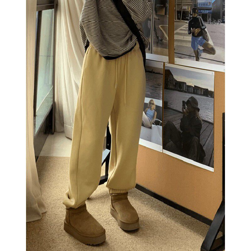 Ader黄色卫裤女2025冬季新款加绒加厚高腰宽松显瘦运动休闲束脚裤