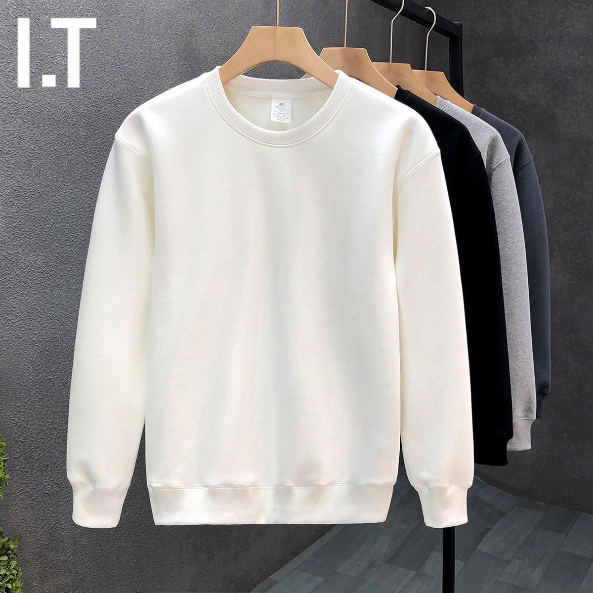 潮牌春秋款简约纯色圆领卫衣男士白色长袖T恤休闲套头修身打底衫