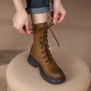 巨好看~Corso Venezia真皮厚底侧拉炼马丁靴女2025年英伦风短靴子