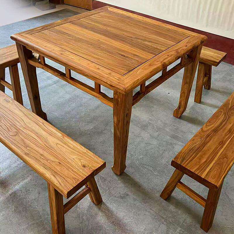 老榆木方桌八仙桌实木餐桌复古茶桌明清仿古书桌庭院家用禅意桌凳