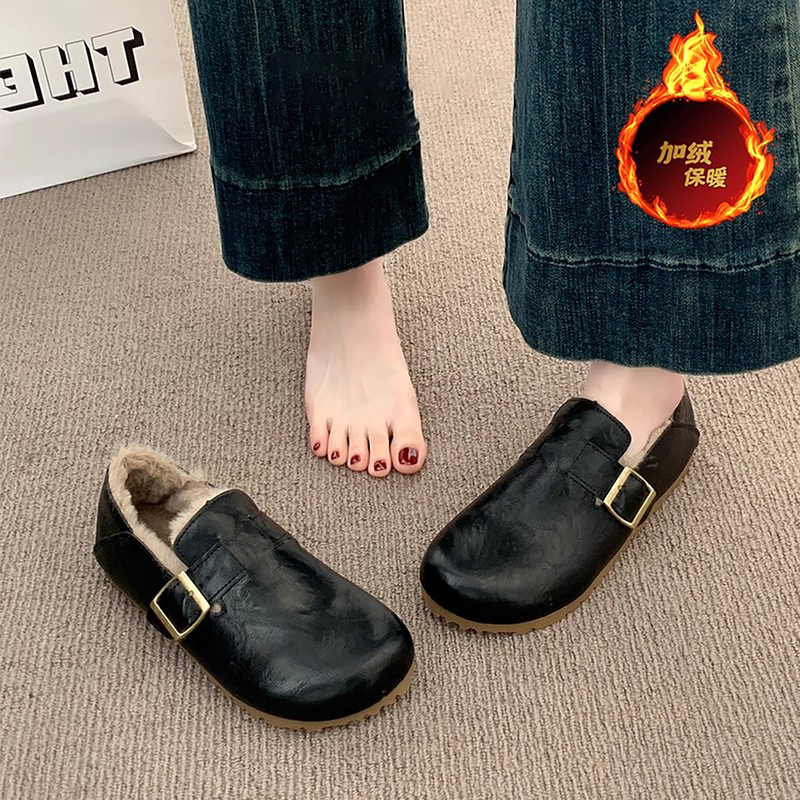 法国Uamtor勃肯鞋女2025秋冬季新款一脚蹬加绒孕妇棉鞋毛毛小皮鞋