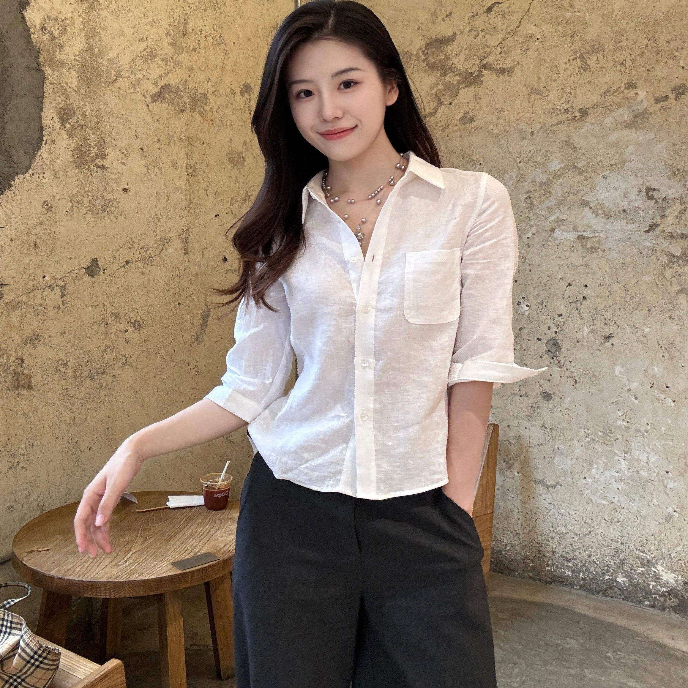 NextMary棉麻白色五分袖衬衫女夏季收腰显瘦衬衣高级感外搭薄上衣