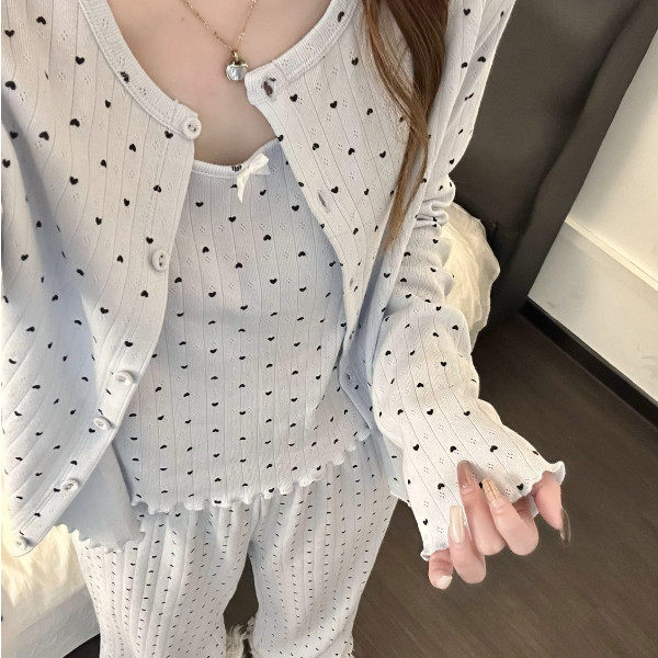 英国DHWA韩系甜美爱心印花吊带睡衣女春秋季开衫长裤家居服三件套
