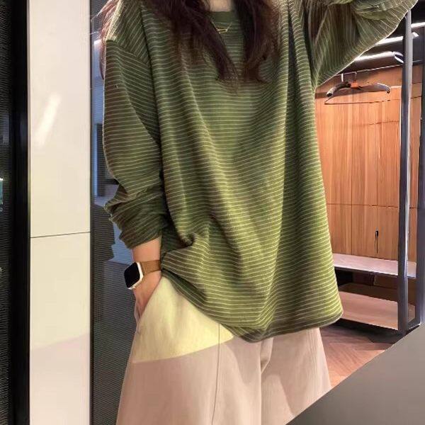 米兰风MDCW大码绿色条纹长袖T恤女装春季复古宽松显瘦打底衫上衣
