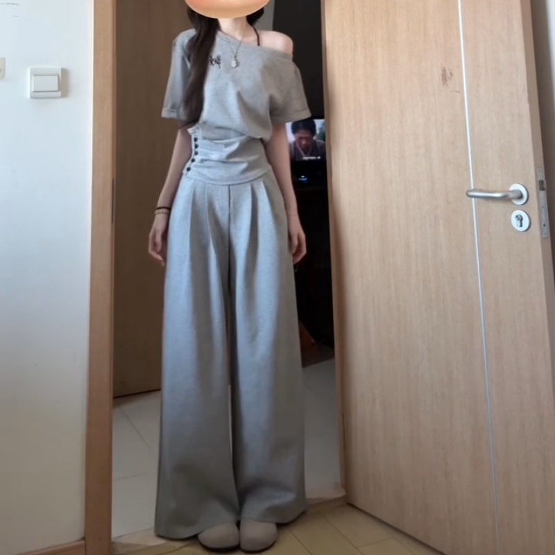 Next Kiss休闲运动服套装女夏季收腰露斜肩短袖上衣阔腿裤两件套