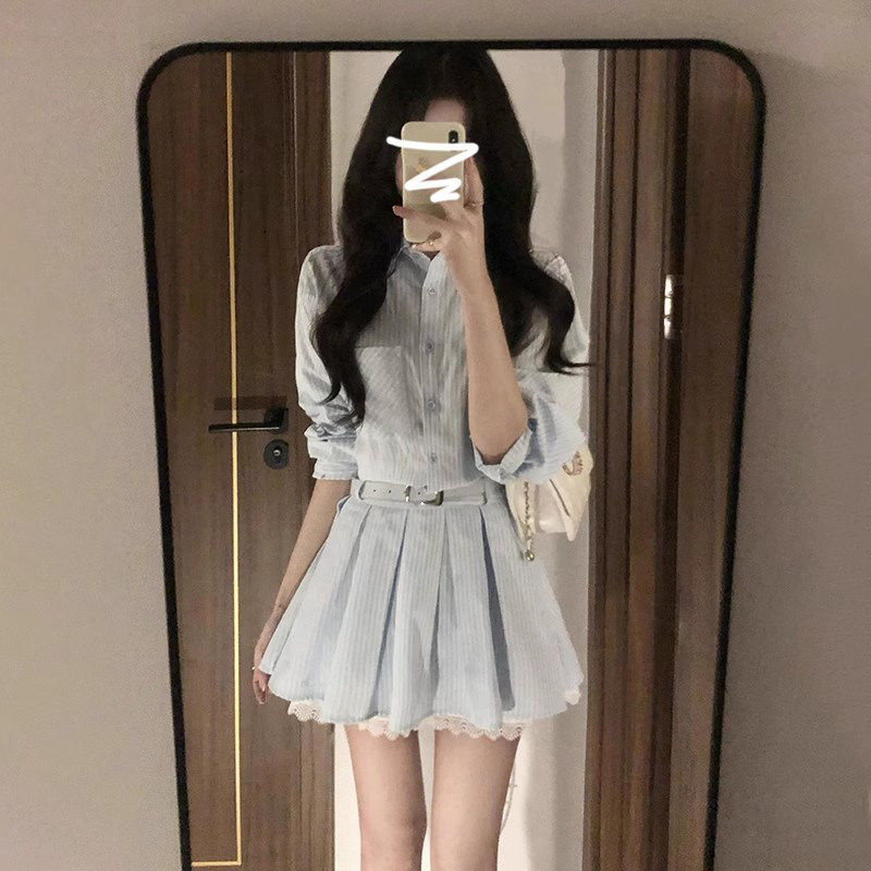 英国DGKP学院风蓝色条纹衬衫连衣裙女春夏设计感小众A字百褶短裙