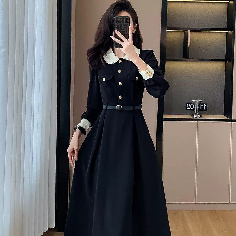 DGKP大码女装赫本风黑色高级感收腰长袖连衣裙显瘦翻领长裙子
