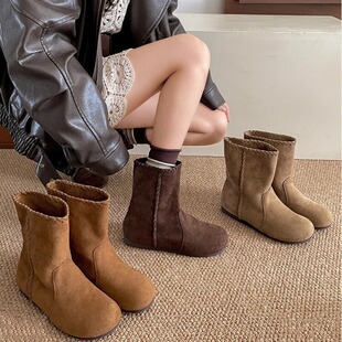 米兰风MDCW复古美拉德棕色平底靴子女2025新款秋百搭软底勃肯短靴