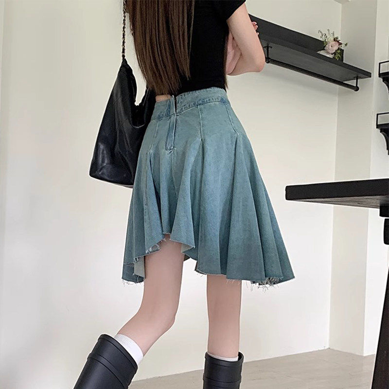 英国DHWA设计感复古牛仔短裙女2026夏季新款高腰a字裙百褶半身裙