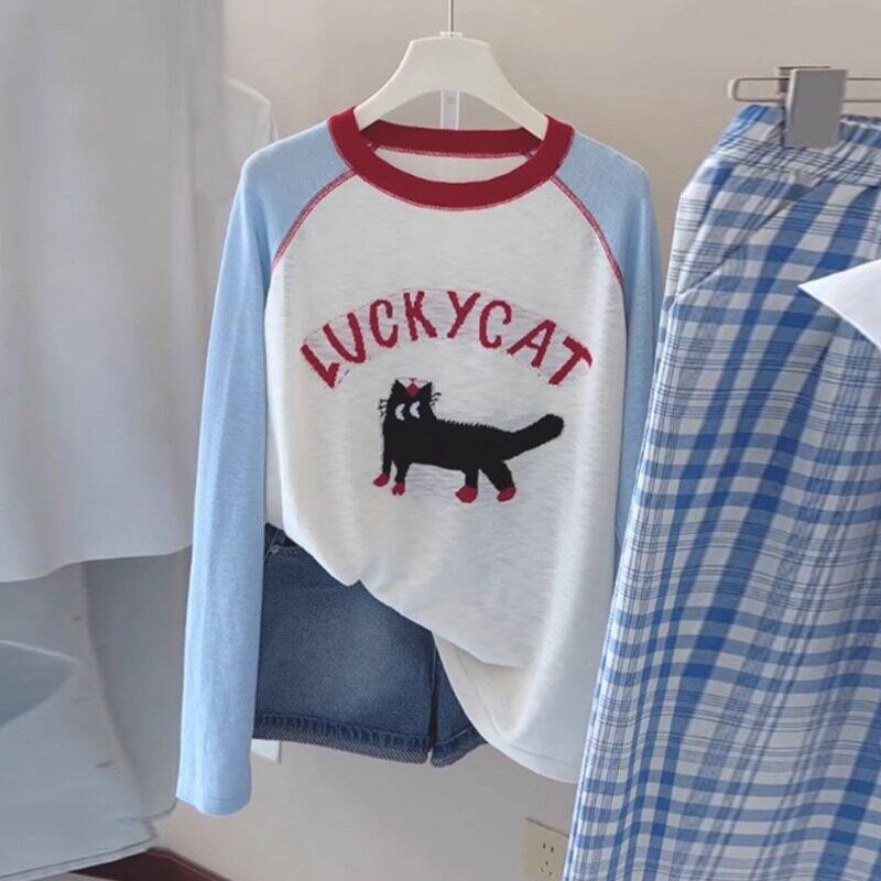 MDCW米兰风小猫蓝色插肩袖长袖t恤女夏薄款2026新款上衣防晒罩衫