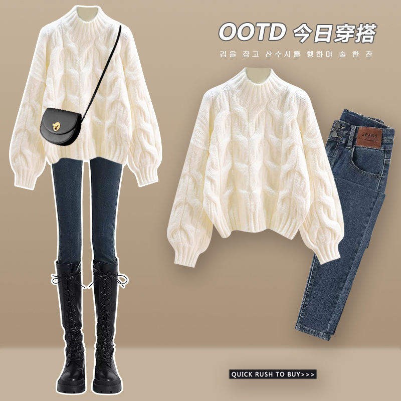 英国DGKP秋冬装女款高级感温柔风奶系穿搭麻花针织毛衣搭配牛仔裤
