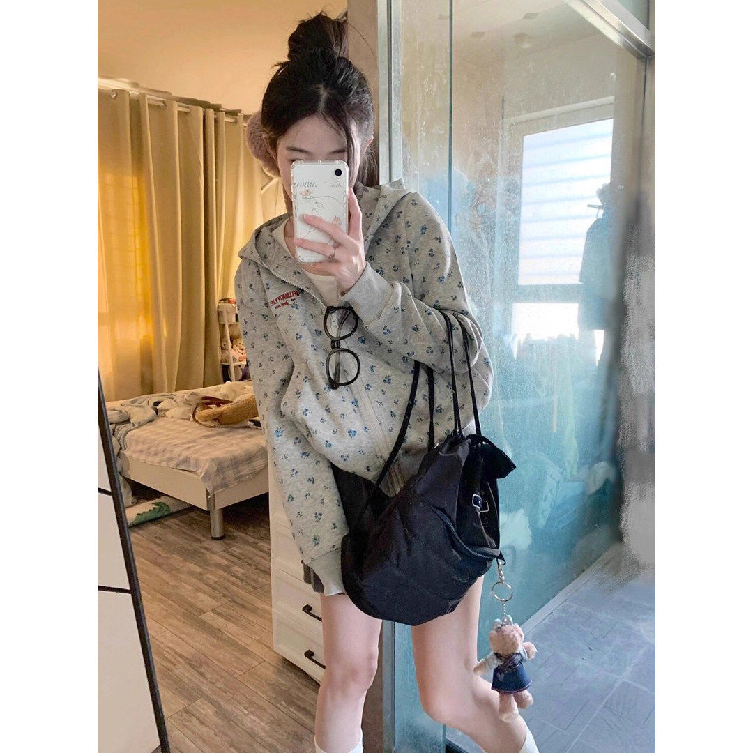 英国DHWA美式碎花连帽卫衣女2026春秋冬新款韩版宽松休闲百搭外套