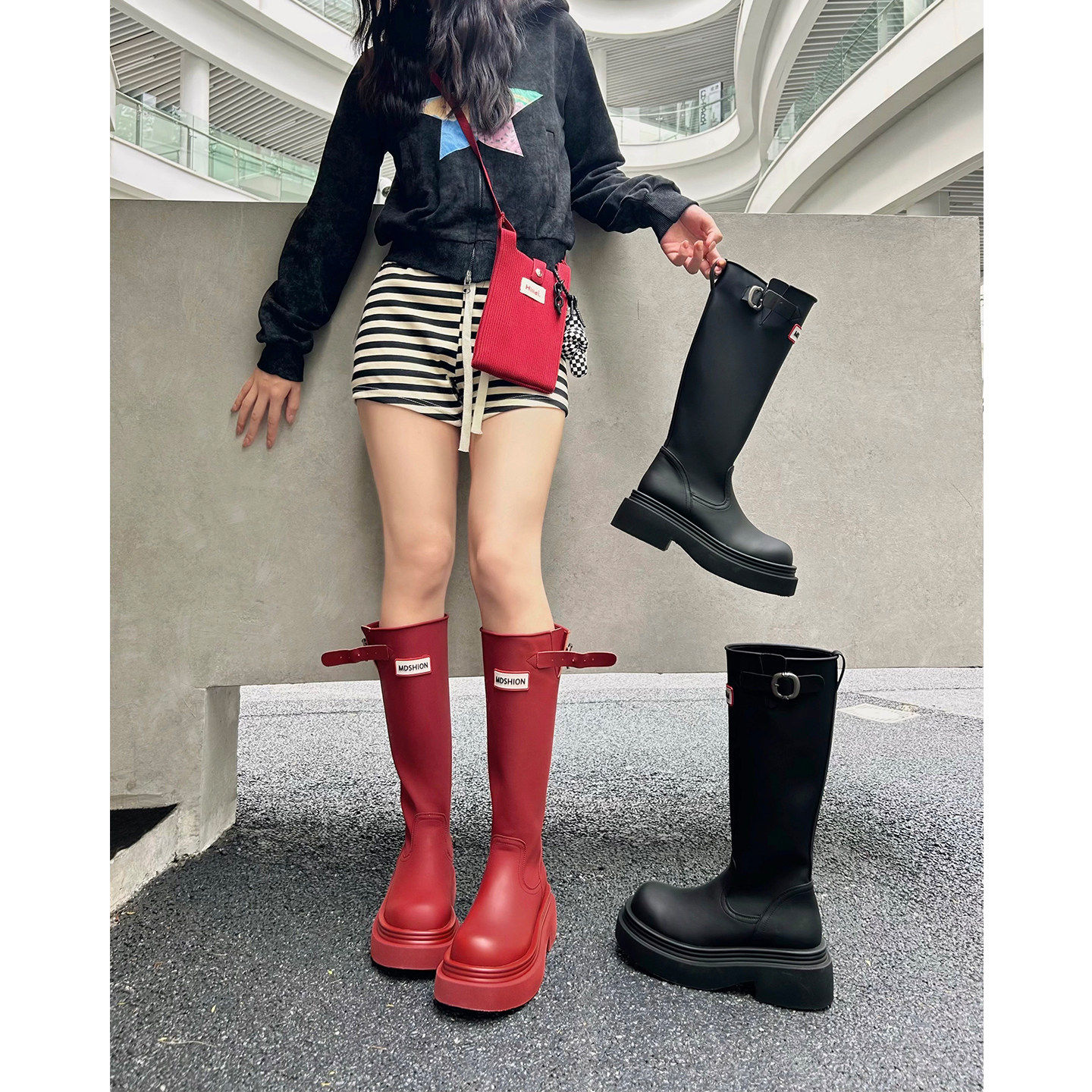英国DHWA厚底防滑红色高筒靴子女2026春秋季新款不过膝长筒骑士靴