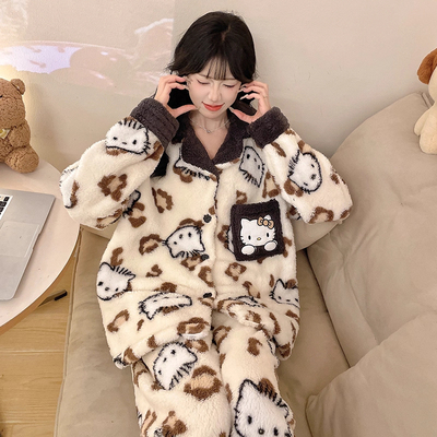 英国DHWA豹纹hellokitty珊瑚绒睡衣女秋冬季加绒加厚法兰绒家居服