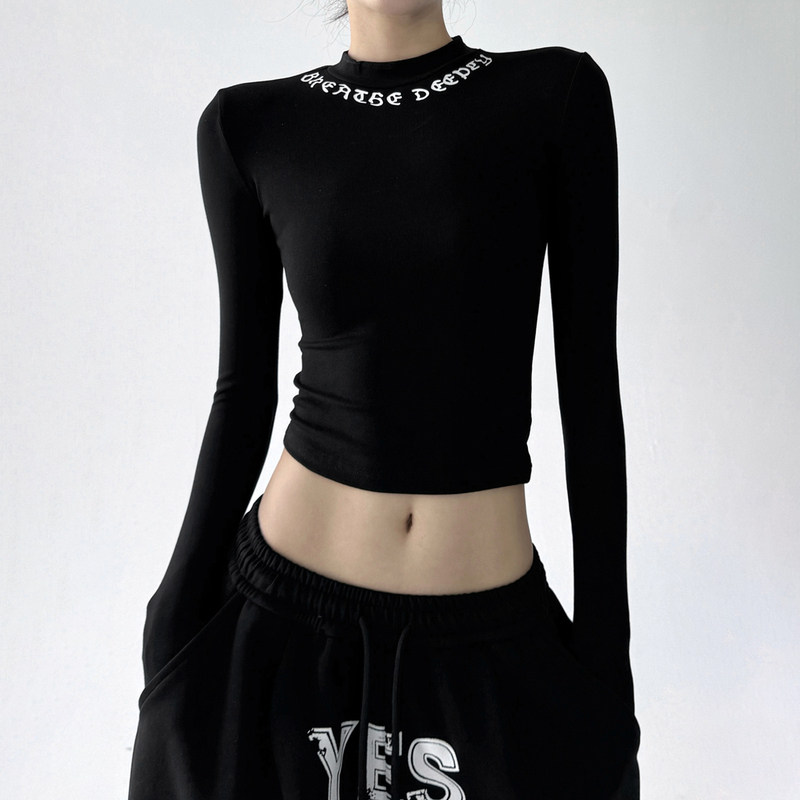 米兰风mdcw春秋修身打底衫女装上衣短款露肚脐长袖纯棉t恤