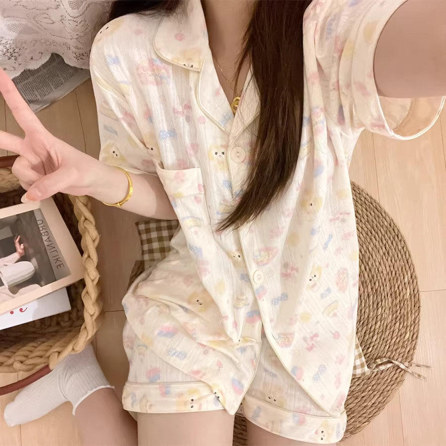英国DHWA可爱厨师饼饼睡衣女夏季纯棉短袖短裤套装卡通甜美家居服