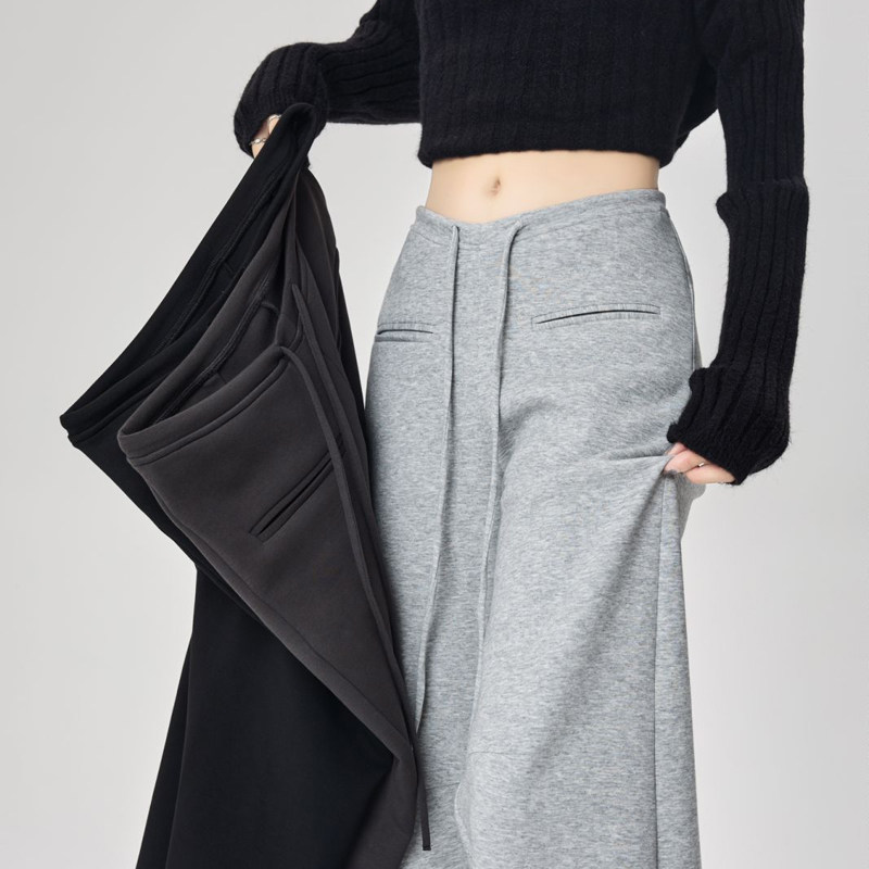 米兰风mdcw美式灰色阔腿运动裤女士春秋新款抽绳宽松直筒休闲卫裤