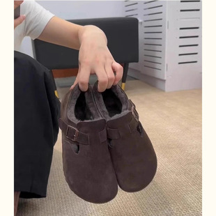 米兰风MDCW真皮复古厚底一脚蹬全包勃肯鞋女冬季保暖加绒棉鞋大码